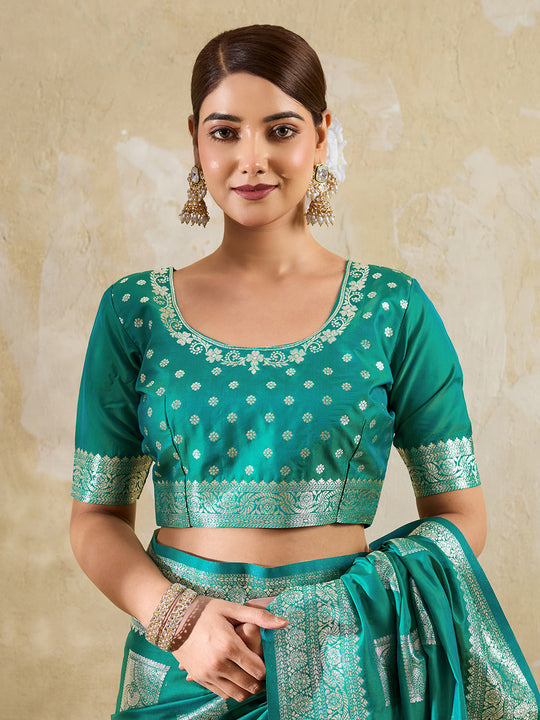 Sea Green Silk Blend Saree With Blouse Piece