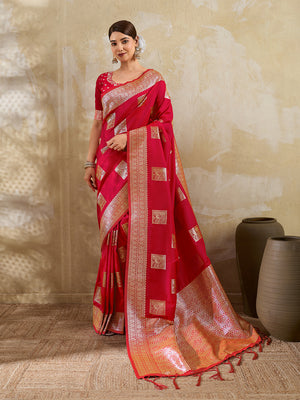 Red Silk Blend Saree With Blouse Piece