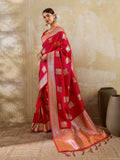 Red Silk Blend Saree With Blouse Piece