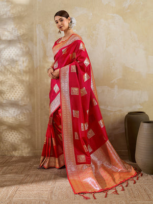 Red Silk Blend Saree With Blouse Piece