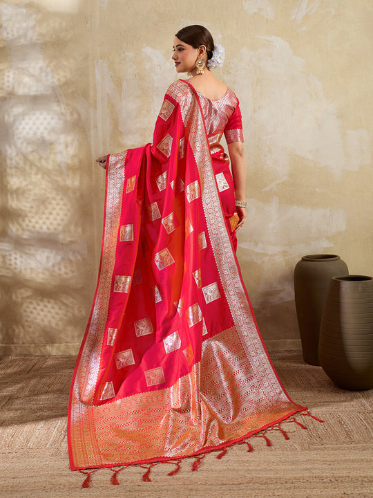 Red Silk Blend Saree With Blouse Piece