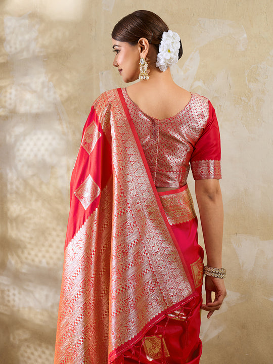 Red Silk Blend Saree With Blouse Piece
