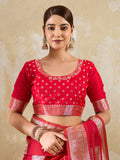 Red Silk Blend Saree With Blouse Piece