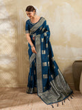 Teal Blue Silk Blend Saree With Blouse Piece