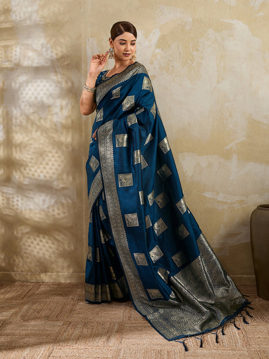 Teal Blue Silk Blend Saree With Blouse Piece
