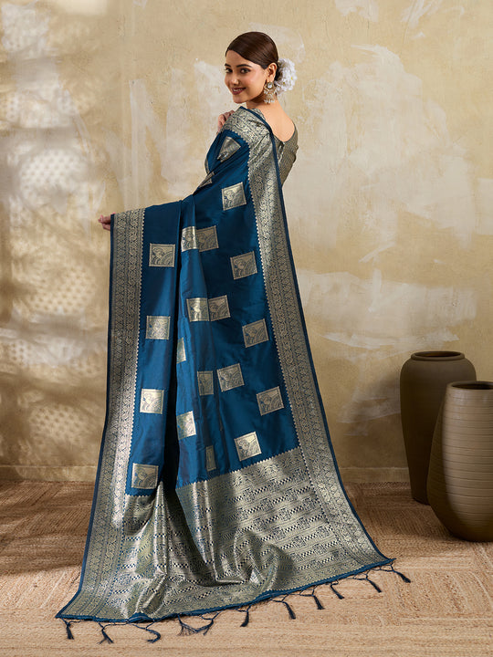 Teal Blue Silk Blend Saree With Blouse Piece