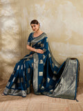 Teal Blue Silk Blend Saree With Blouse Piece