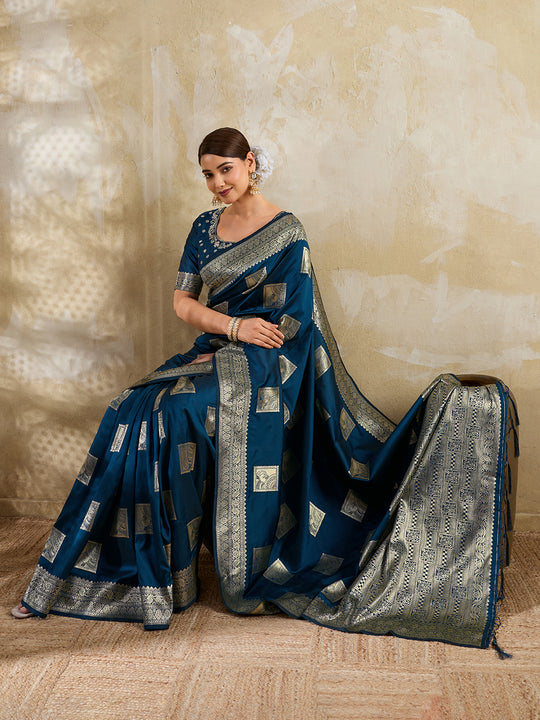 Teal Blue Silk Blend Saree With Blouse Piece