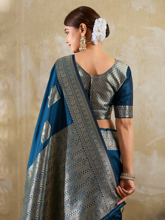 Teal Blue Silk Blend Saree With Blouse Piece