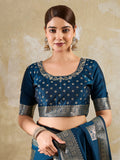Teal Blue Silk Blend Saree With Blouse Piece
