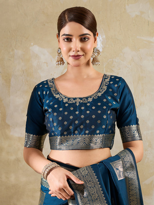 Teal Blue Silk Blend Saree With Blouse Piece