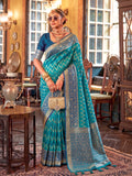 Teal Blue Silk Saree With Blouse Piece