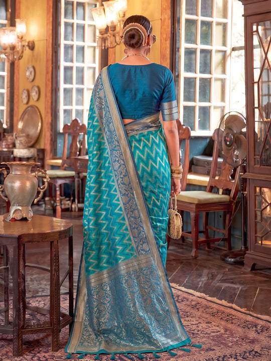 Teal Blue Silk Saree With Blouse Piece