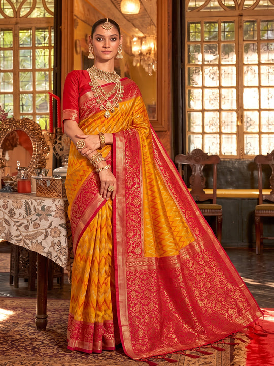 ORANGE & Red Silk Saree With Blouse Piece