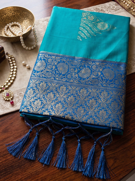 Sky Blue Soft Silk Saree With Blouse Piece