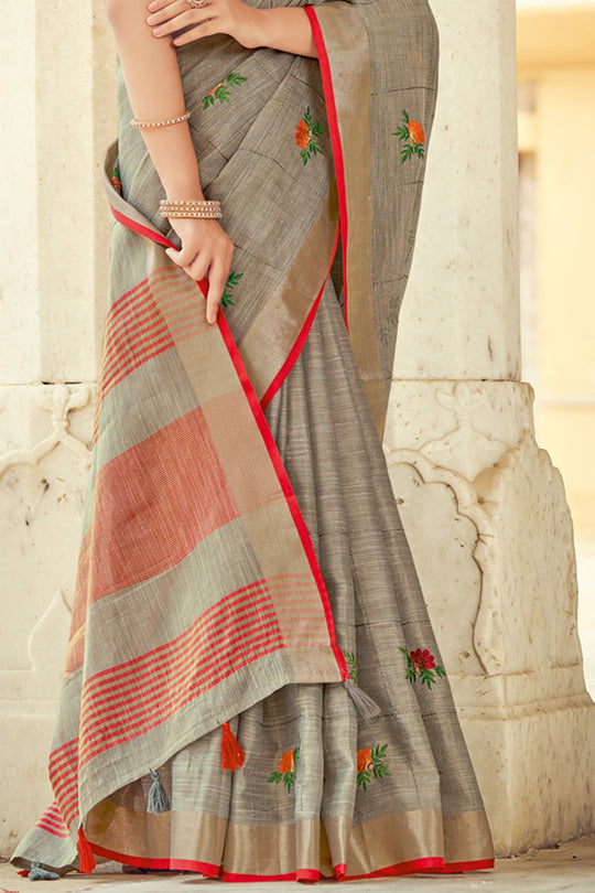Steel Grey Linen Blend Saree