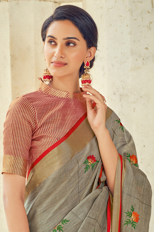 Steel Grey Linen Blend Saree