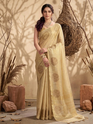 Cream Tissue Silk Saree With Blouse Piece