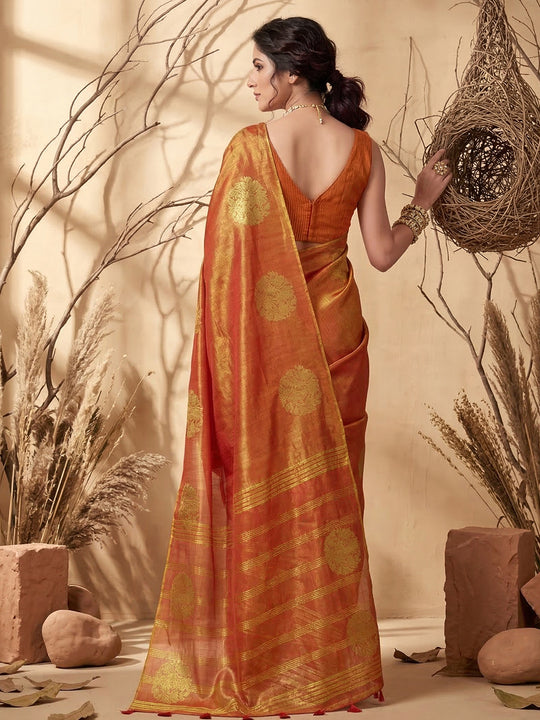 Rust Tissue Silk Saree With Blouse Piece