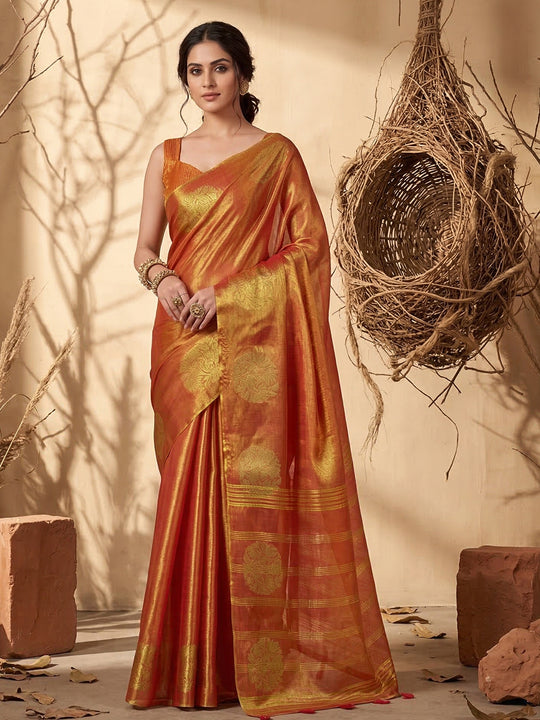 Rust Tissue Silk Saree With Blouse Piece
