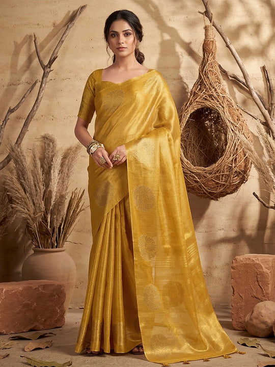 Yellow Tissue Silk Saree With Blouse Piece
