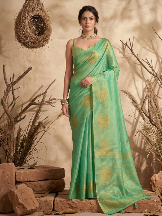 Green Tissue Silk Saree With Blouse Piece