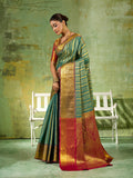Rama Green Silk Blend Saree With Blouse Piece