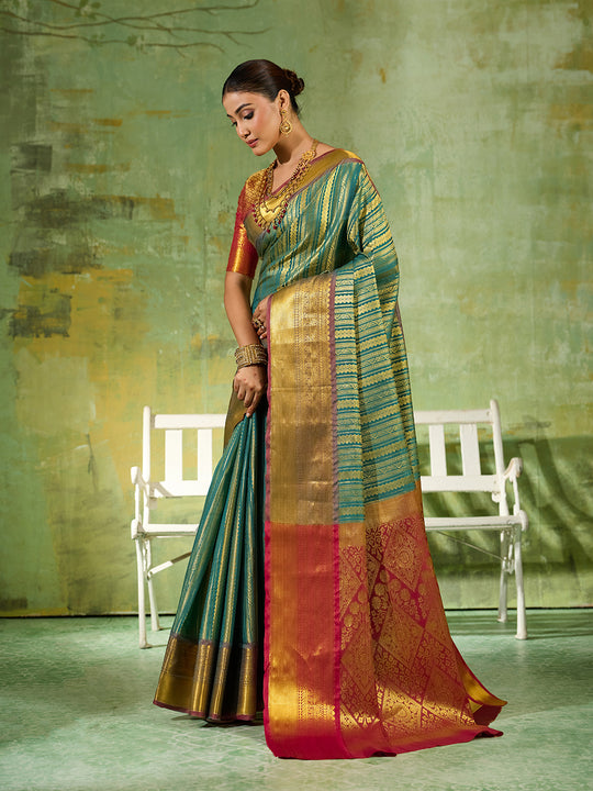 Rama Green Silk Blend Saree With Blouse Piece