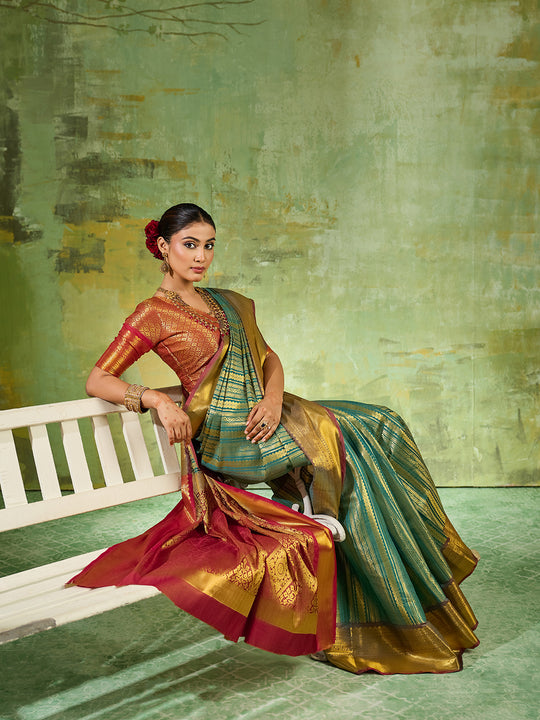 Rama Green Silk Blend Saree With Blouse Piece