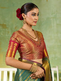 Rama Green Silk Blend Saree With Blouse Piece