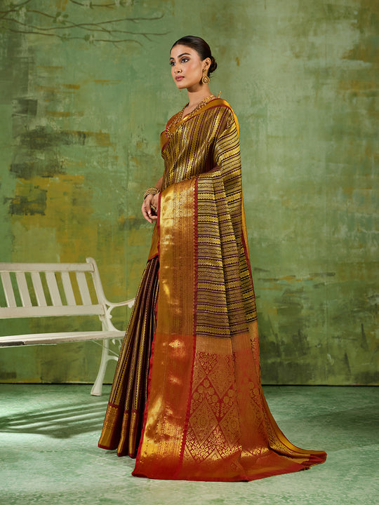 Brown Silk Blend Saree With Blouse Piece