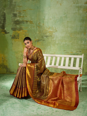 Brown Silk Blend Saree With Blouse Piece