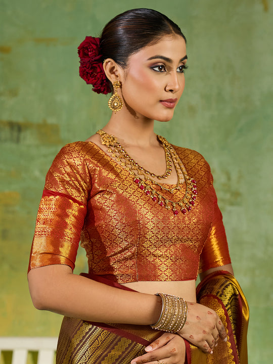 Brown Silk Blend Saree With Blouse Piece