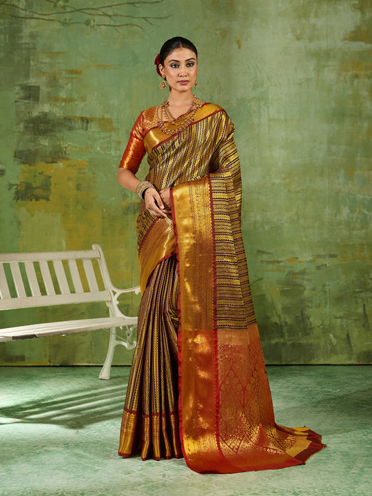 Brown Silk Blend Saree With Blouse Piece