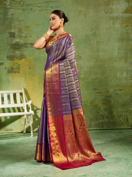 Royal Blue Silk Blend Saree With Blouse Piece