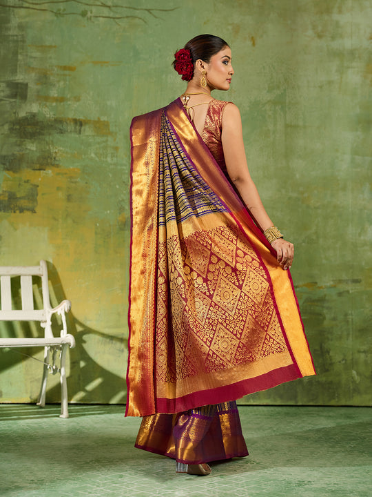 Royal Blue Silk Blend Saree With Blouse Piece