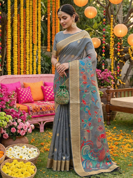 Gray Linen Cotton Saree With Blouse Piece