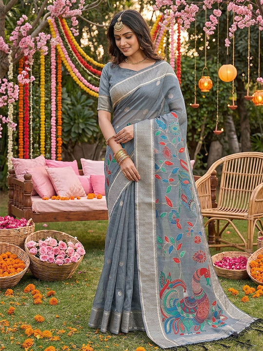 Gray Linen Cotton Saree With Blouse Piece