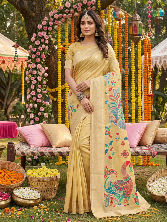 Yellow Linen Cotton Saree With Blouse Piece