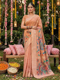 Peach Linen Cotton Saree With Blouse Piece