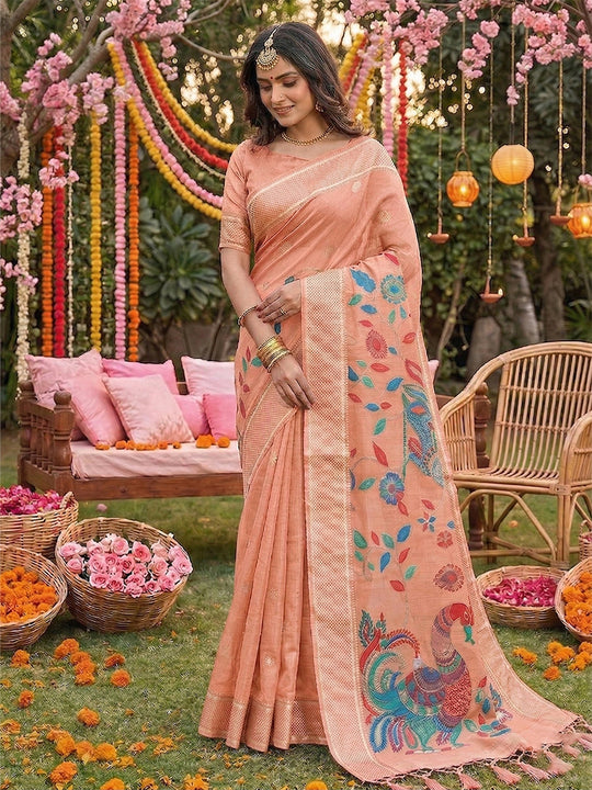 Peach Linen Cotton Saree With Blouse Piece