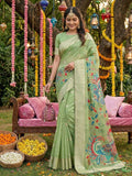 Light Green Linen Cotton Saree With Blouse Piece