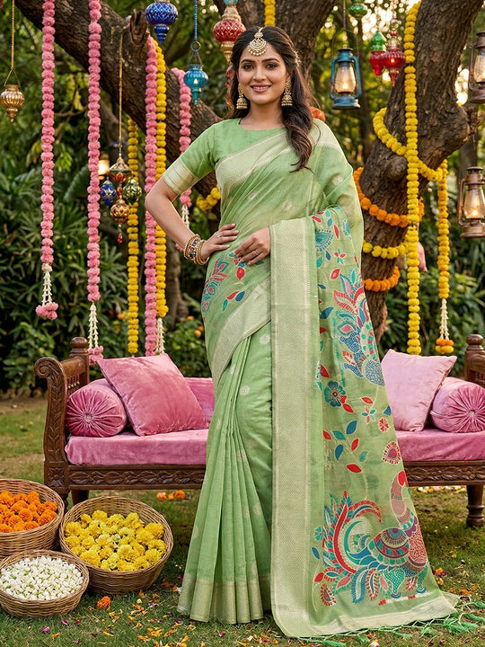 Light Green Linen Cotton Saree With Blouse Piece