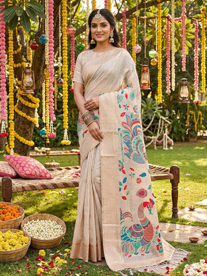 Cream Linen Cotton Saree With Blouse Piece