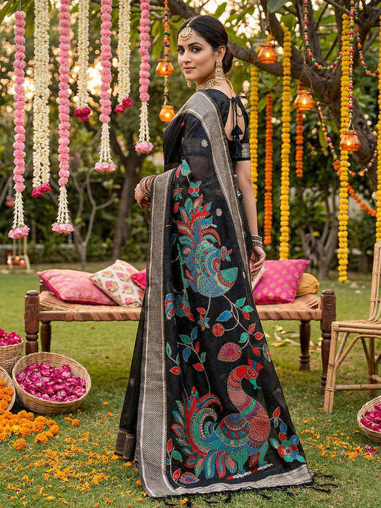 Black Linen Cotton Saree With Blouse Piece