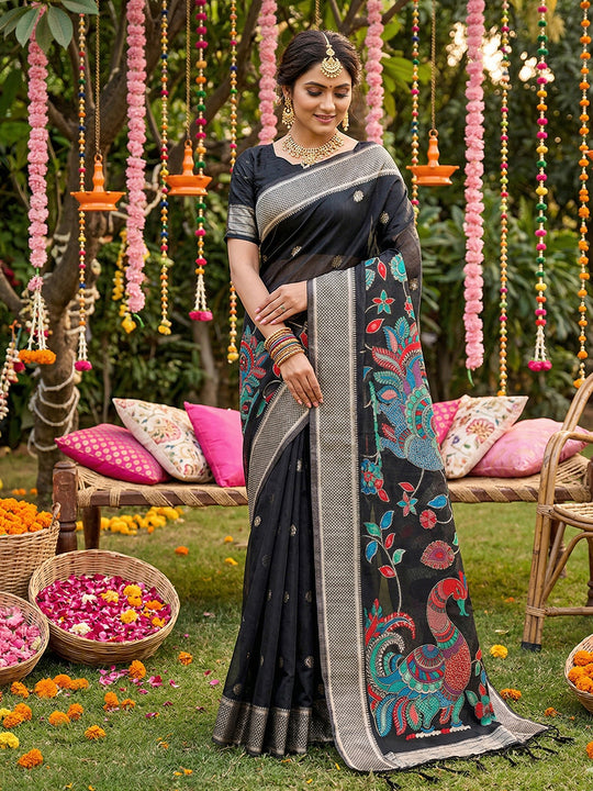Black Linen Cotton Saree With Blouse Piece