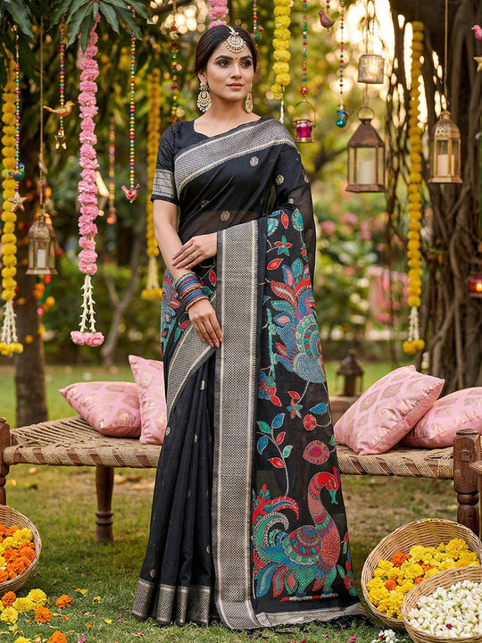 Black Linen Cotton Saree With Blouse Piece