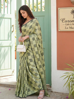 Pista Green Linen Cotton Saree With Blouse Piece