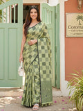 Pista Green Linen Cotton Saree With Blouse Piece