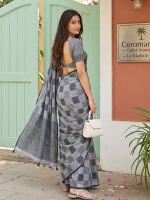 Gray Linen Cotton Saree With Blouse Piece